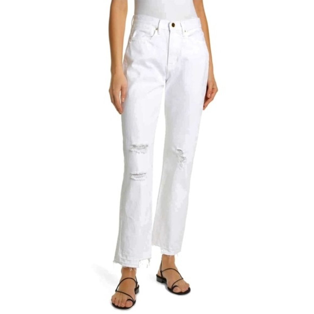Frame Le High Straight Distressed Raw Hem Jeans In Blanc Rips 28 NWOT